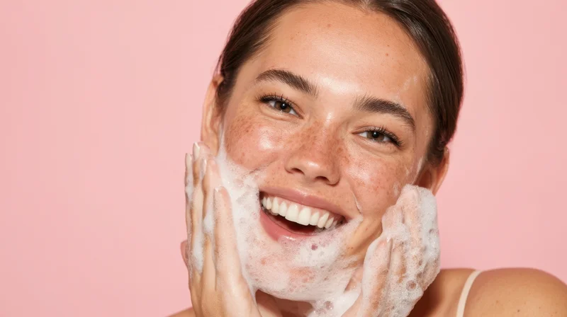 Young woman smiling while applying foamy cleanser to her face against pink background