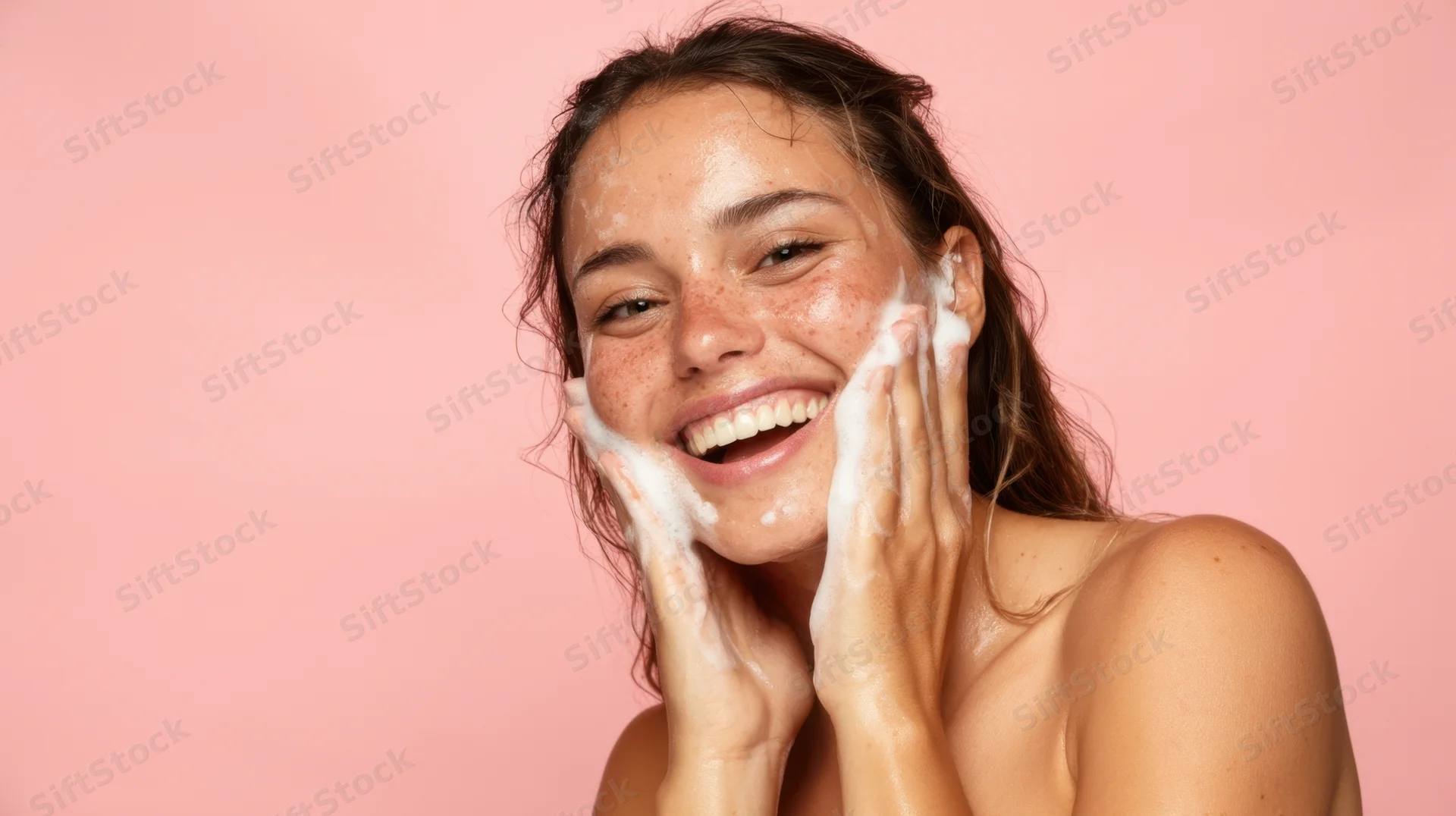 Young woman smiling while applying foamy cleanser to her face in a studio setting