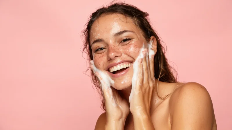 Young woman smiling while applying foamy cleanser to her face in a studio setting