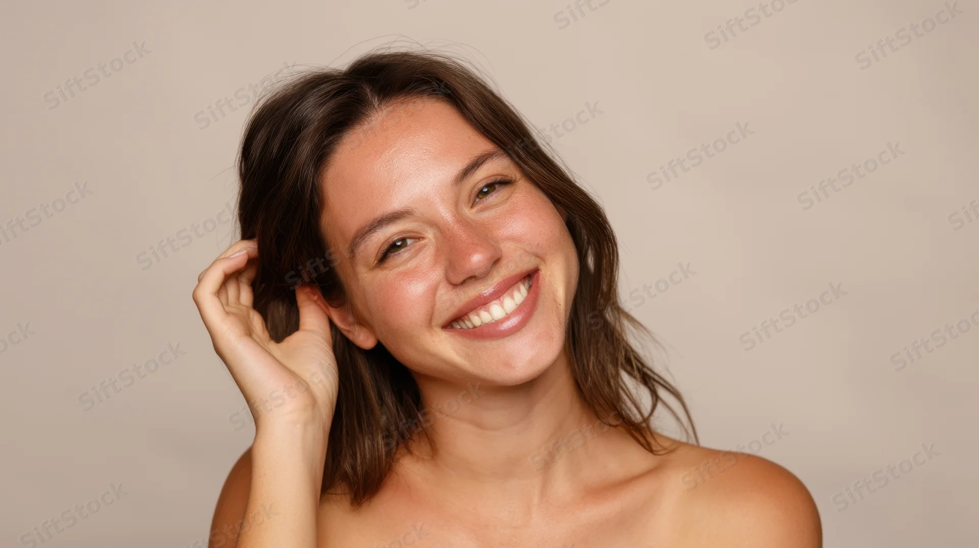 Young woman smiling with hand in hair against beige background
