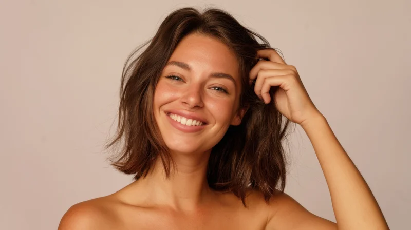 Young woman smiling with hand in her hair in studio portrait