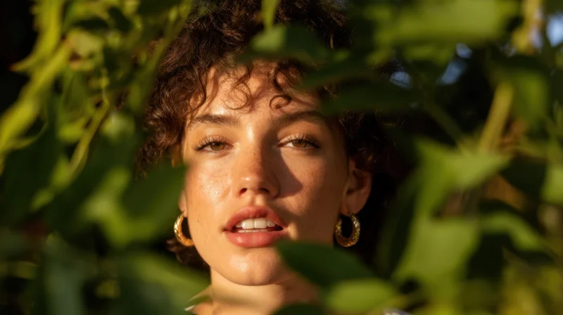 Young woman with curly hair peeking through green leaves in sunlight