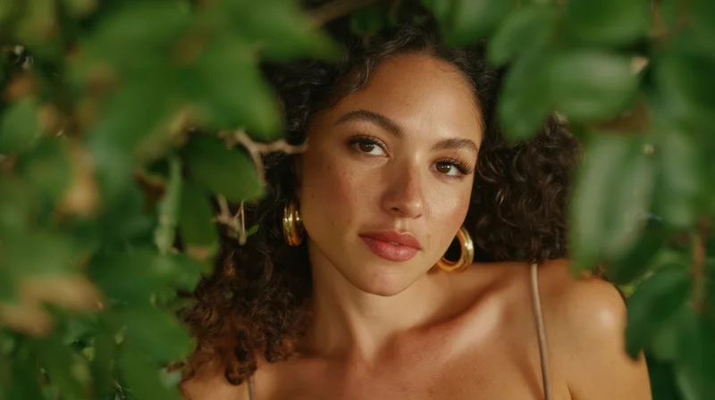 Young woman with curly hair and gold hoop earrings peeking through green foliage outdoors