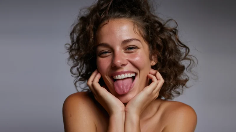 Young woman laughing with hands on cheeks in studio portrait