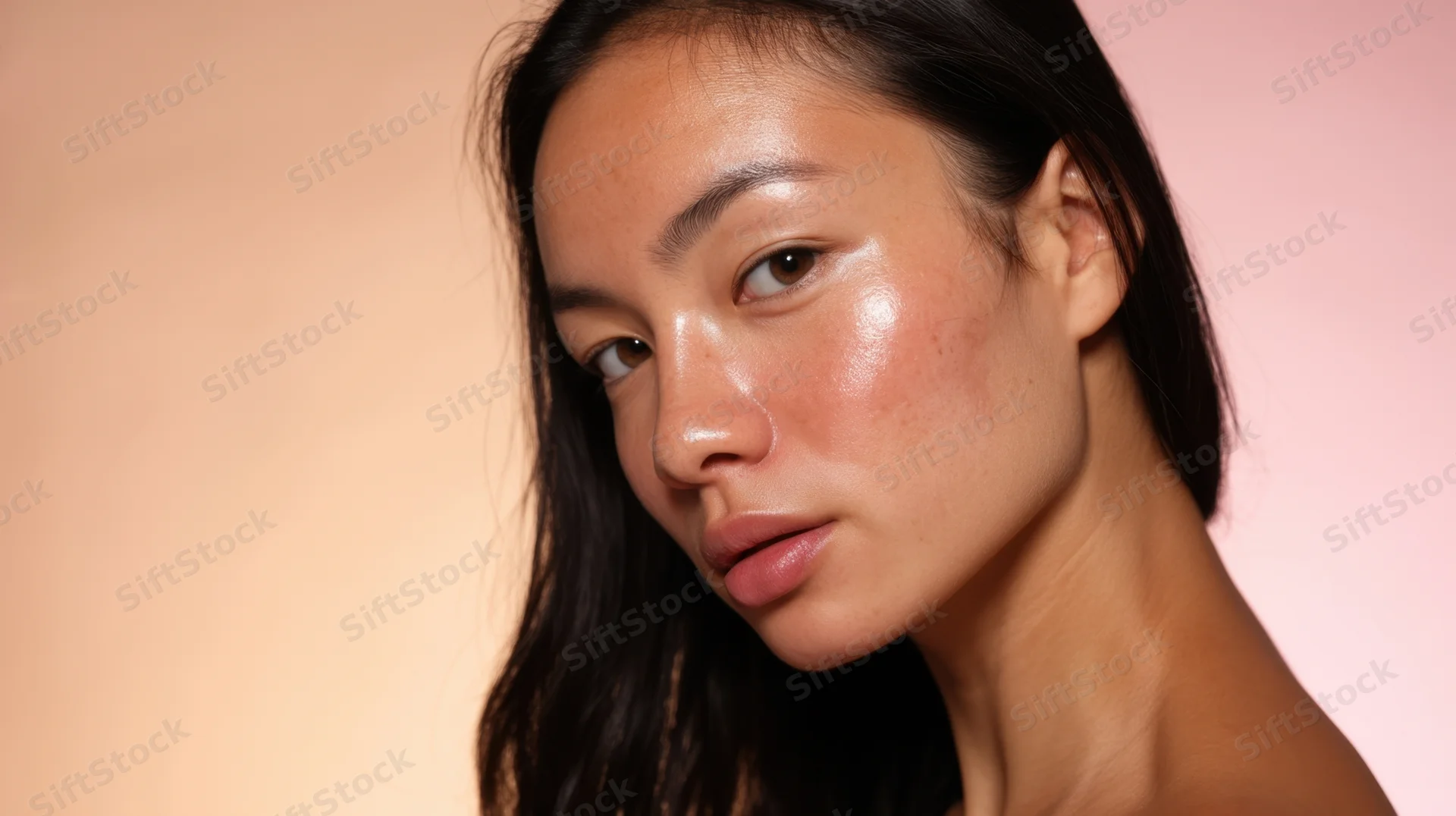 Young asian woman with glowing natural skin in closeup portrait against soft pink background