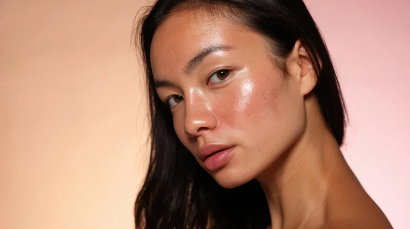 Young asian woman with glowing natural skin in closeup portrait against soft pink background
