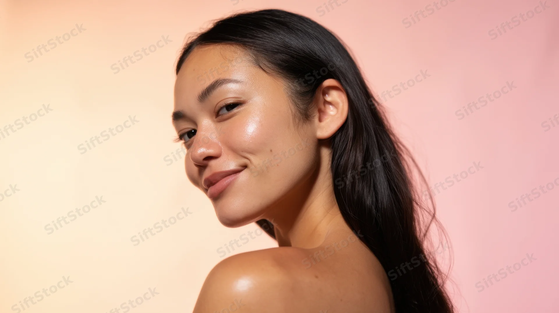 Young asian woman smiling in profile with glowing skin against pink background