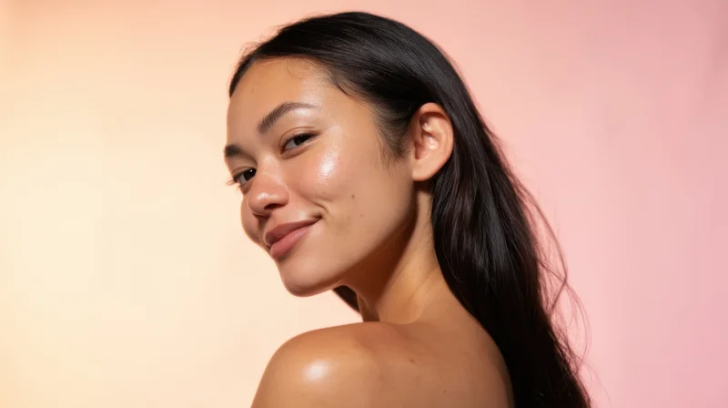 Young asian woman smiling in profile with glowing skin against pink background