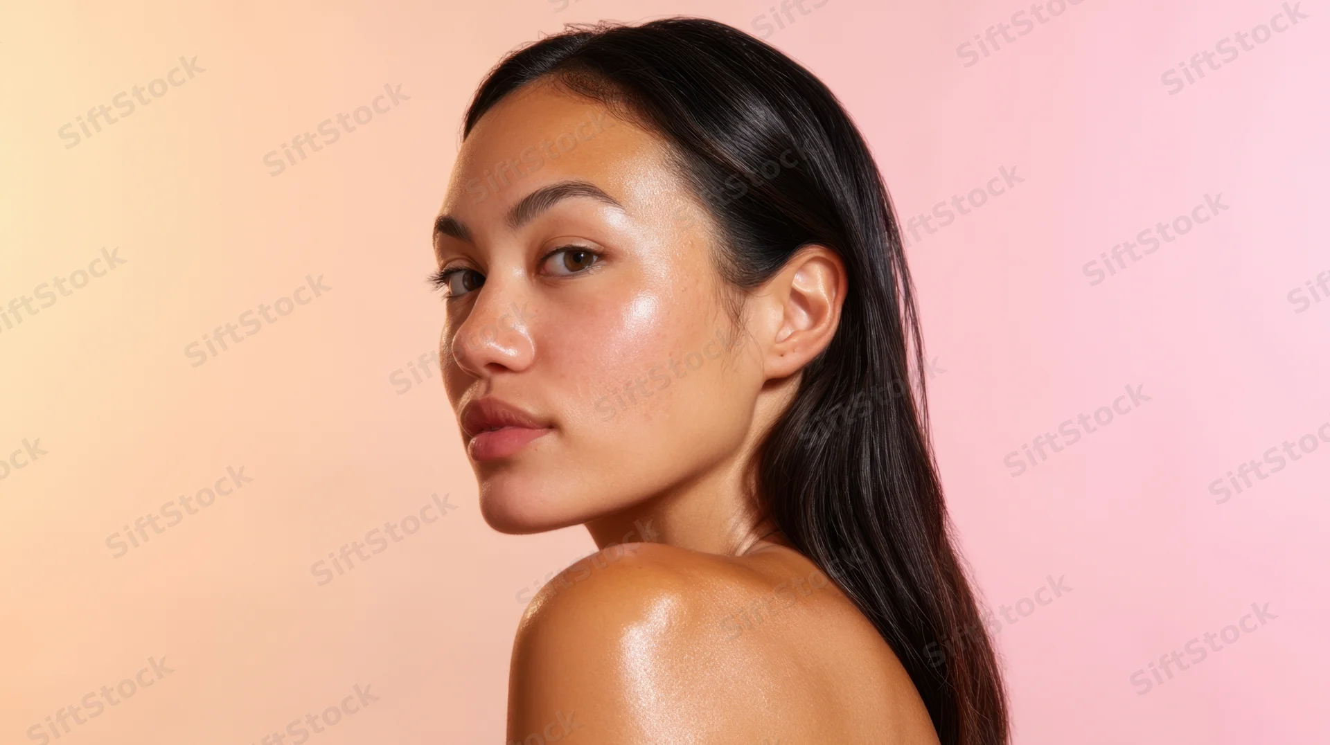 Young asian woman with glowing skin in side profile against pink background