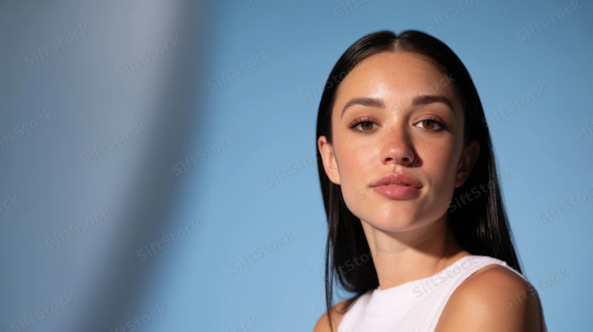 Young woman in white sleeveless top posing against blue studio background