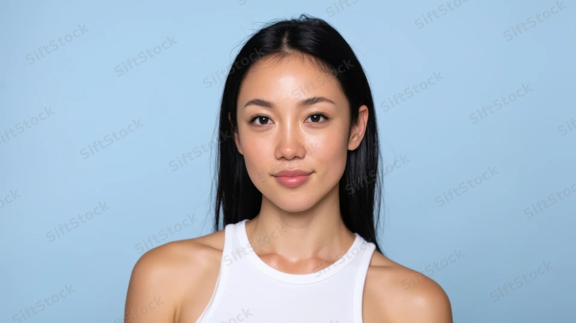 Young asian woman in white tank top facing camera in studio with blue background