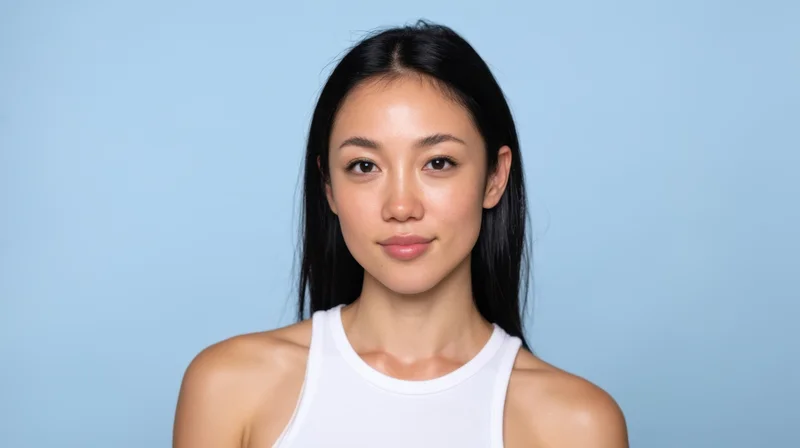 Young asian woman in white tank top facing camera in studio with blue background