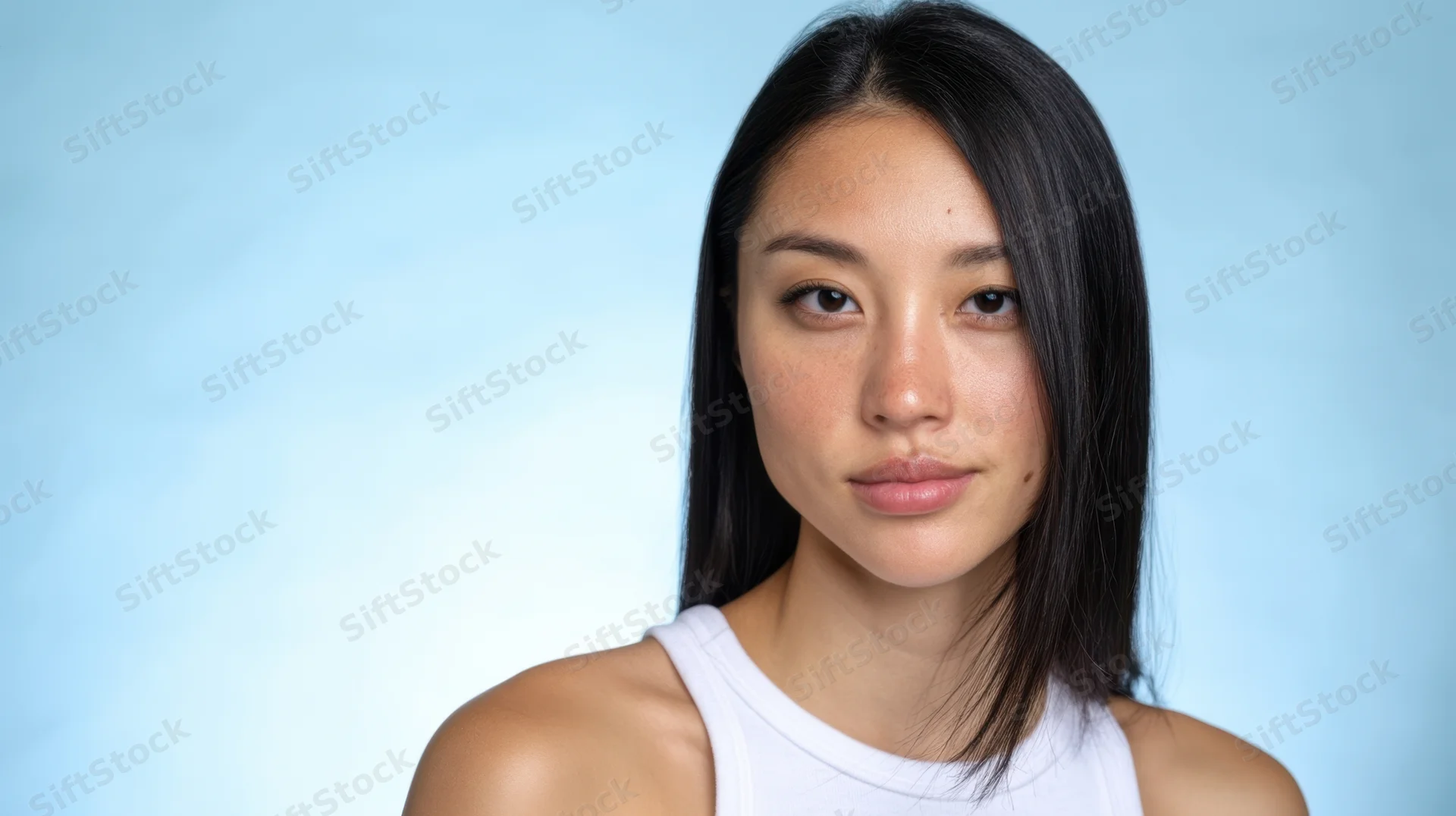 Young asian woman in white tank top posing calmly in studio with blue background