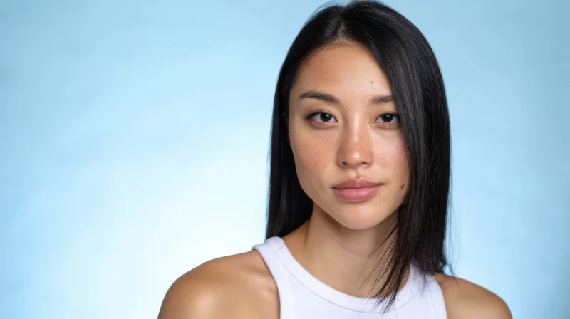 Young asian woman in white tank top posing calmly in studio with blue background