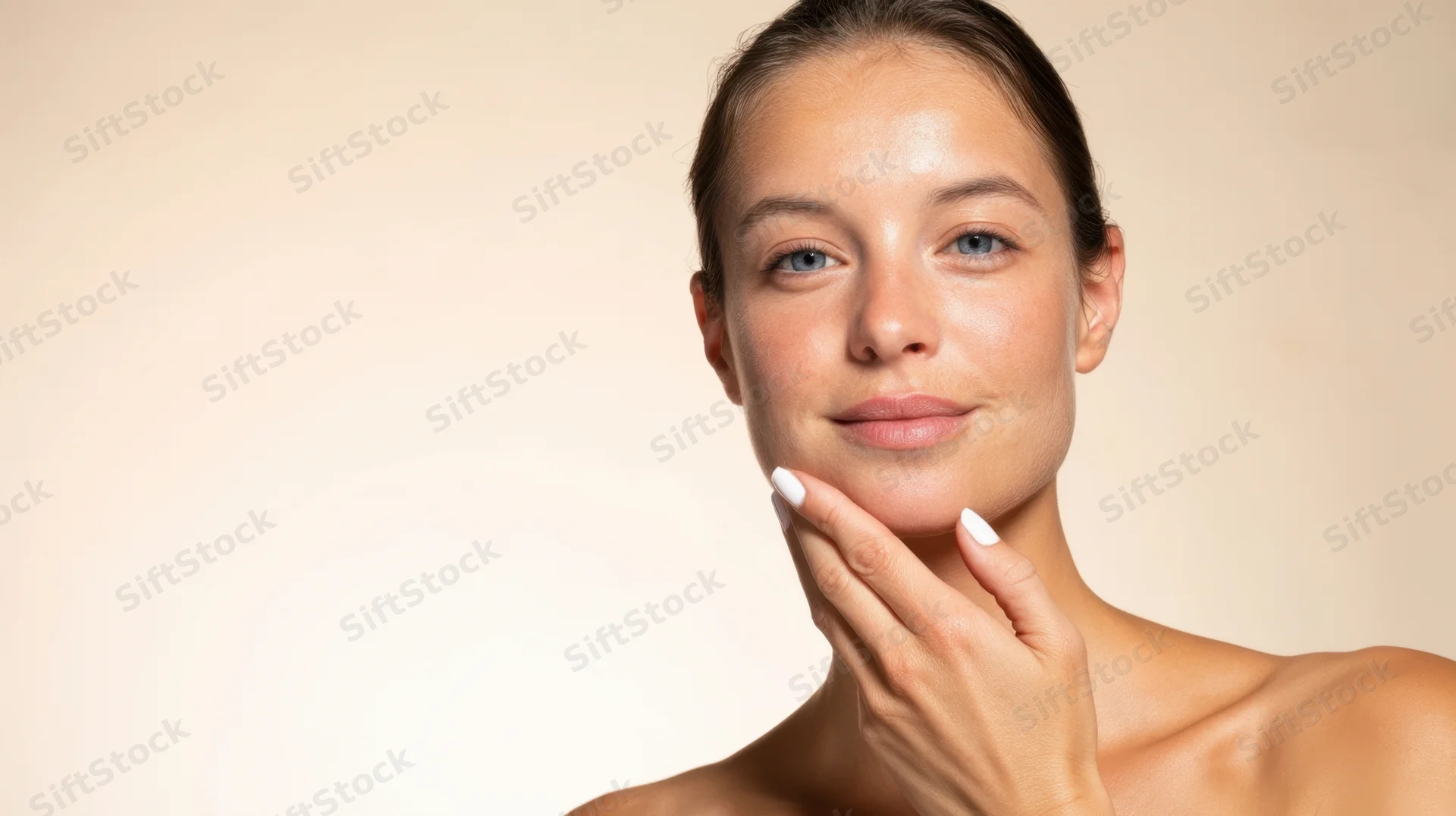 Young woman touching her face with hand in studio setting