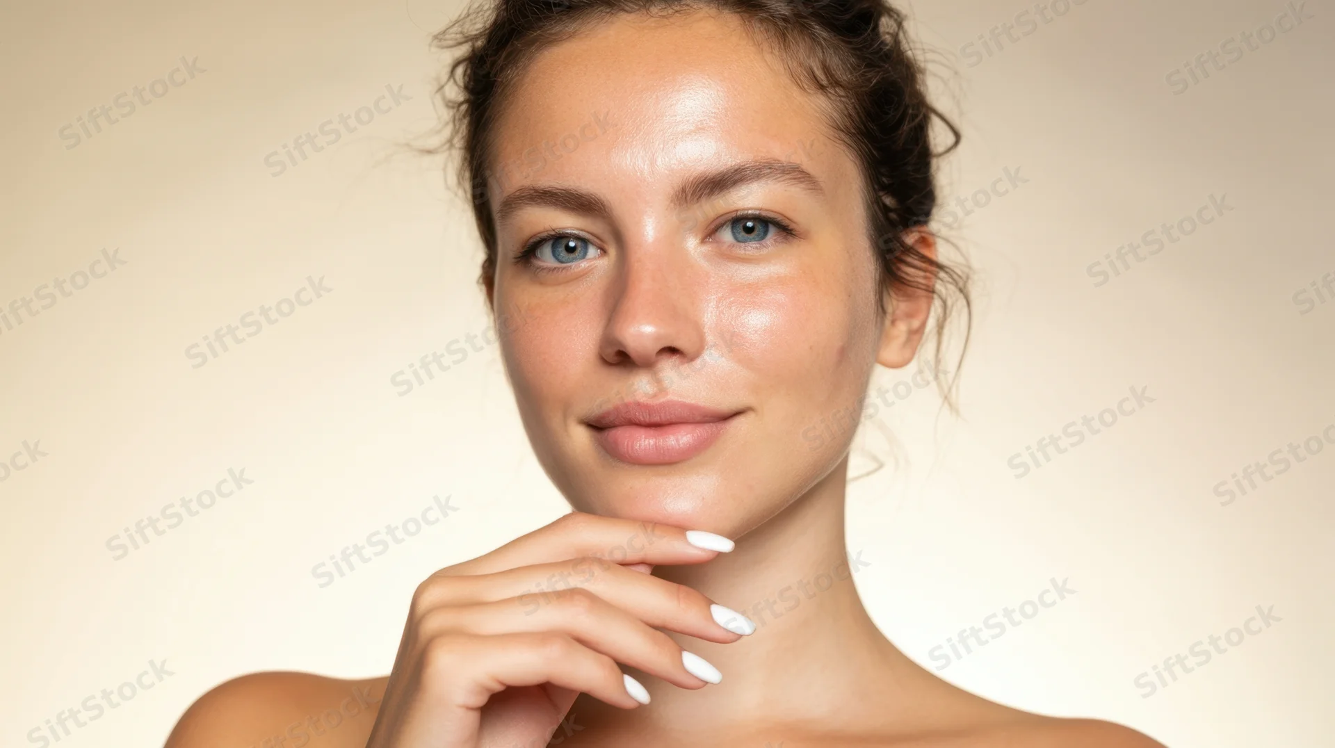 Young woman with glowing skin touching her chin in studio portrait