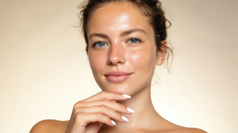 Young woman with glowing skin touching her chin in studio portrait