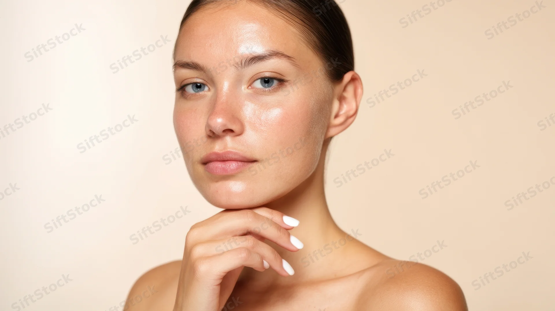Young woman with glowing skin touching her chin in studio portrait