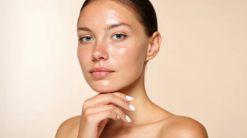 Young woman with glowing skin touching her chin in studio portrait