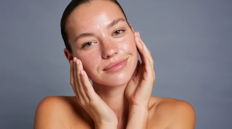 Young woman touching her face with hands, smiling, in studio setting