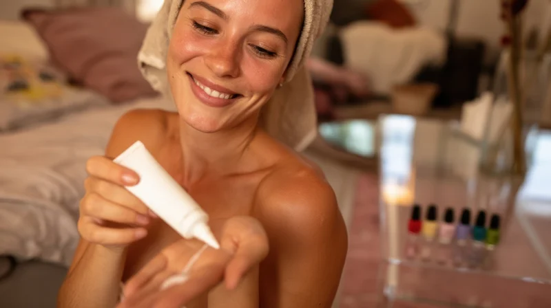 Young woman applying moisturizer to her hand in a bedroom setting