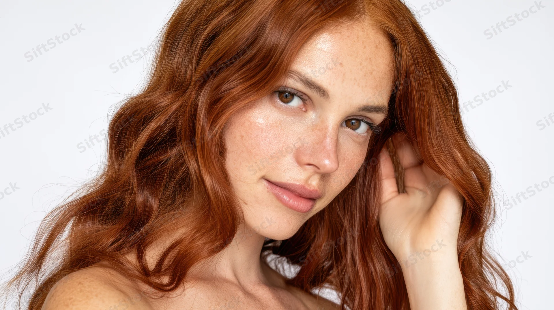 Young woman with red hair and freckles touching her hair in studio portrait