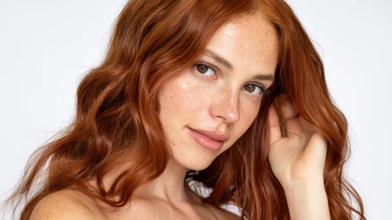 Young woman with red hair and freckles touching her hair in studio portrait