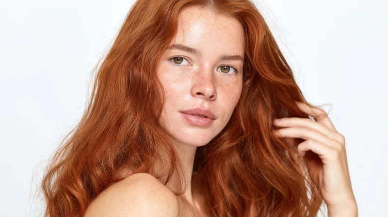 Young woman with long red hair touching her hair in studio portrait
