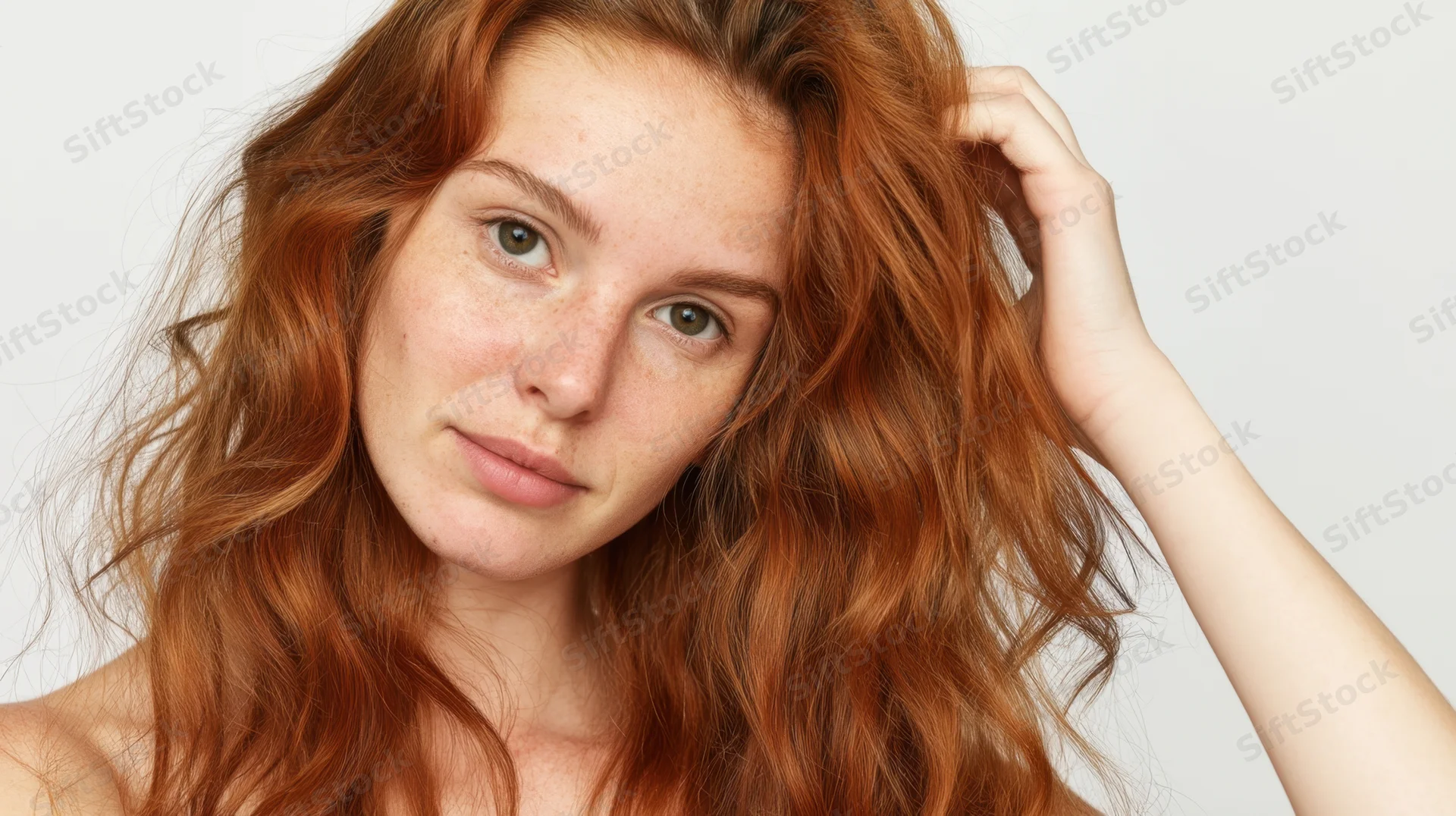 Young woman with curly red hair touching her head in a studio portrait