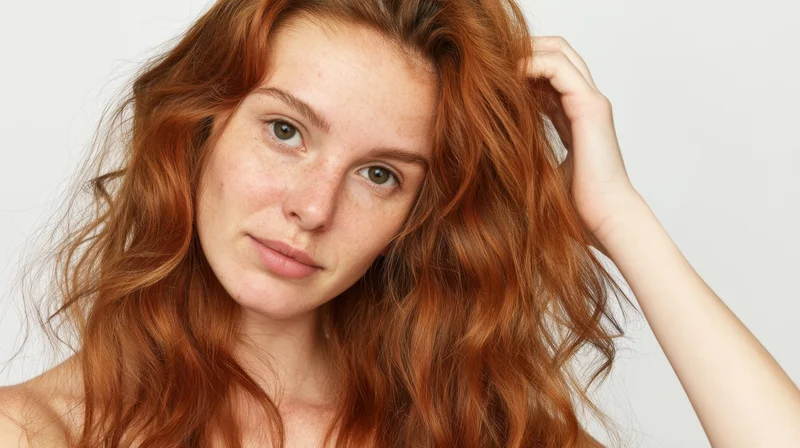 Young woman with curly red hair touching her head in a studio portrait