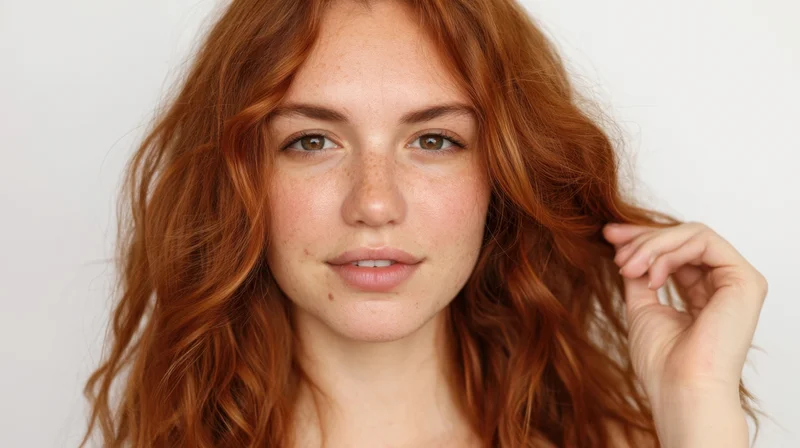 Young woman with red wavy hair touching her hair against white background