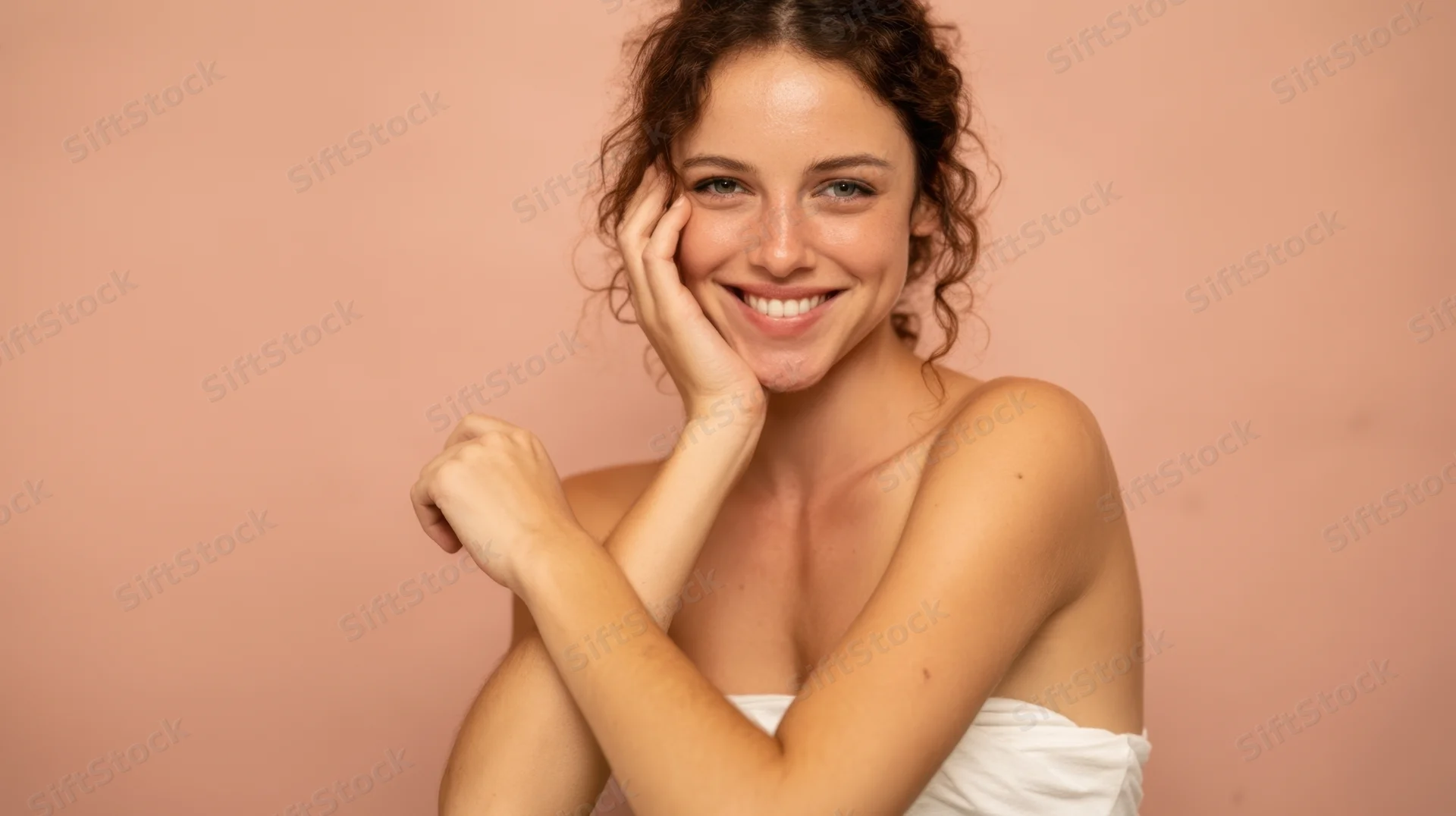 Young woman smiling with hand on cheek in studio portrait against pink background