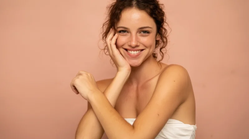 Young woman smiling with hand on cheek in studio portrait against pink background