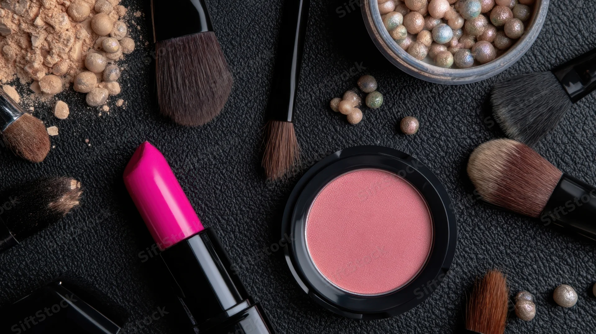 Makeup products including lipstick, blush, brushes and powder arranged on black surface