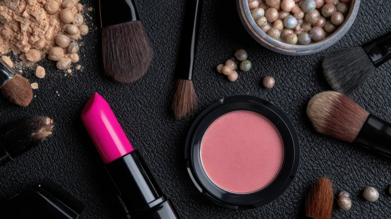 Makeup products including lipstick, blush, brushes and powder arranged on black surface