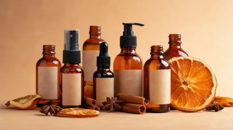 Amber bottles with blank labels and dried citrus and spices arranged on a warm beige surface