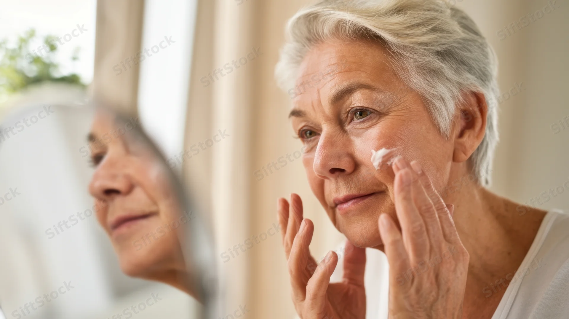 Senior woman applying cream to her face in front of mirror