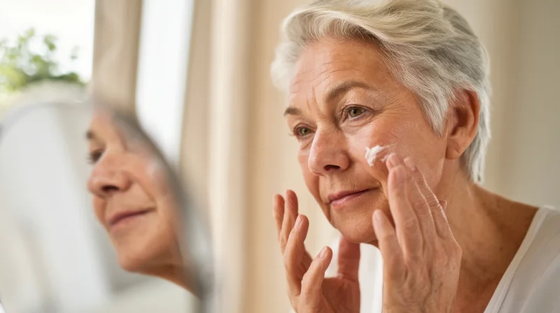 Senior woman applying cream to her face in front of mirror