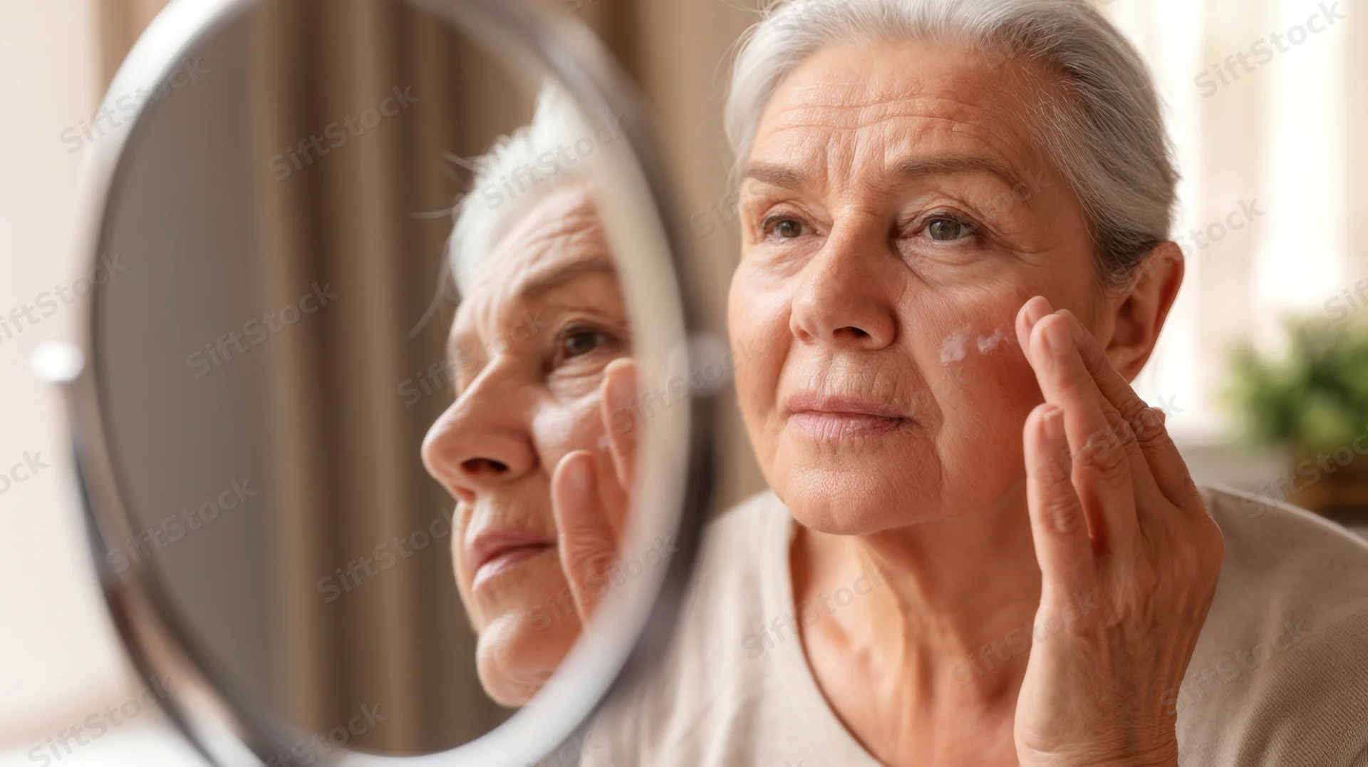 Senior woman applying cream to her face while looking in a mirror