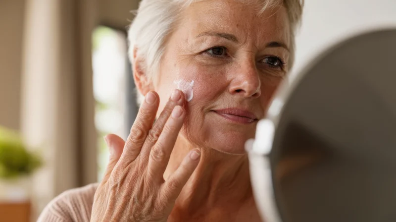 Senior woman applying cream to her face while looking in a mirror