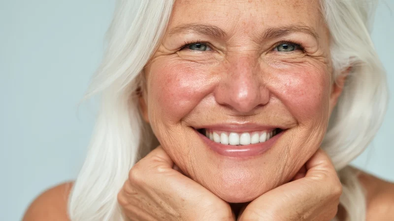 Senior woman smiling with hands under chin against light blue background