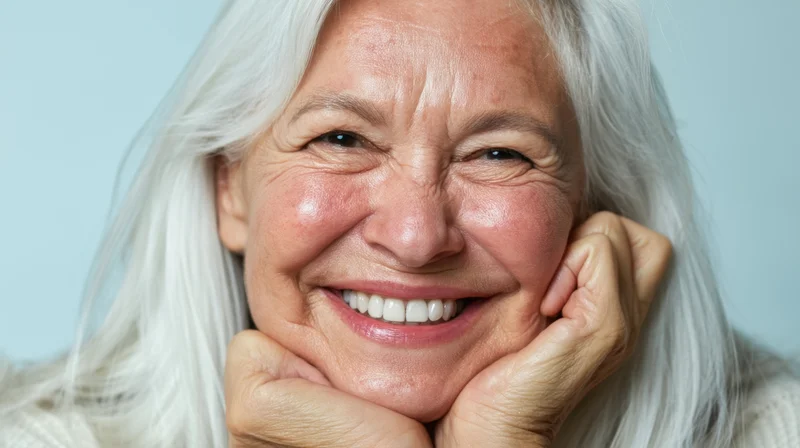Smiling senior woman with white hair resting her chin on her hands against a light blue background