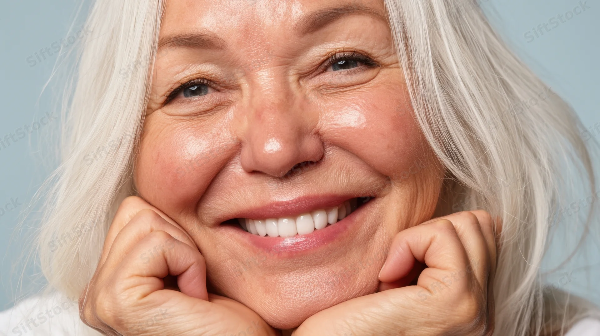 Smiling senior woman with hands on cheeks against light blue background