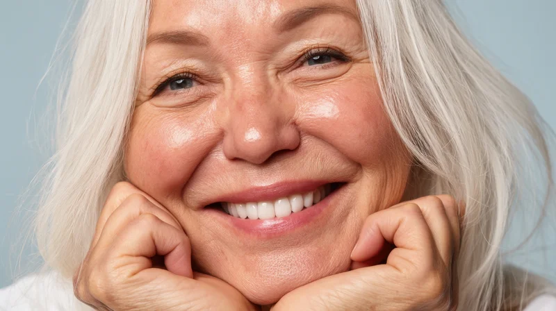 Smiling senior woman with hands on cheeks against light blue background