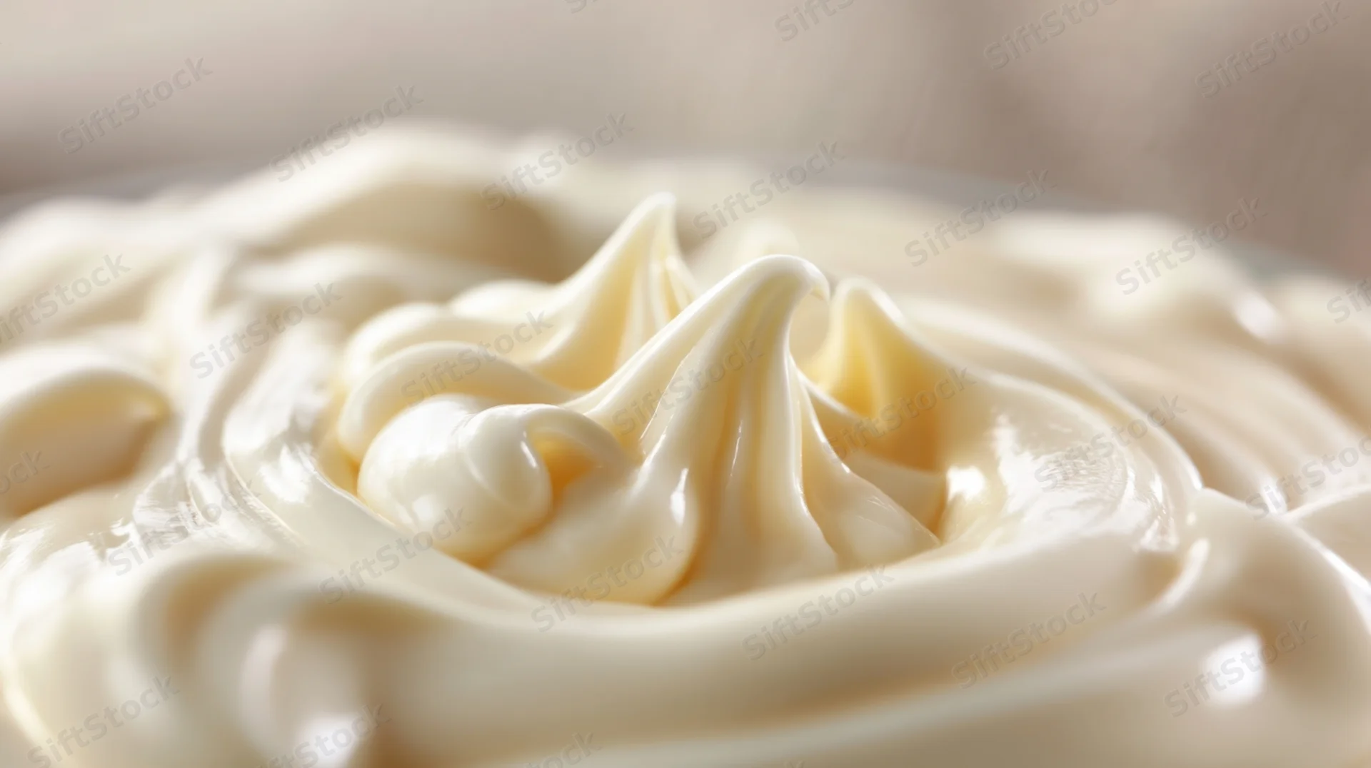 Closeup of piped whipped cream swirl on a plate with soft focus background