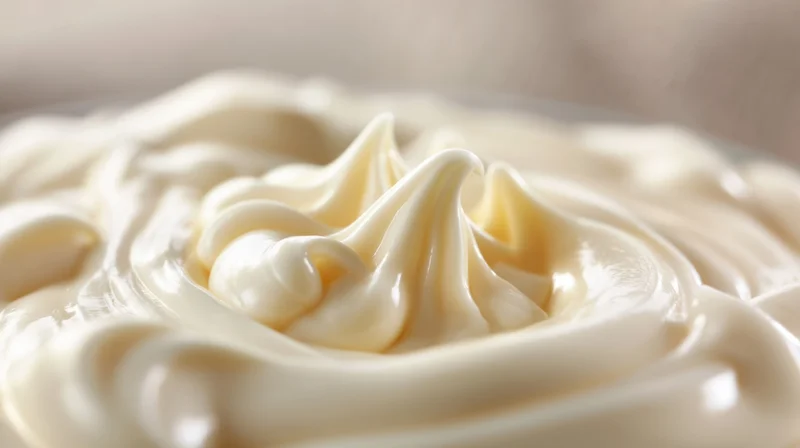 Closeup of piped whipped cream swirl on a plate with soft focus background