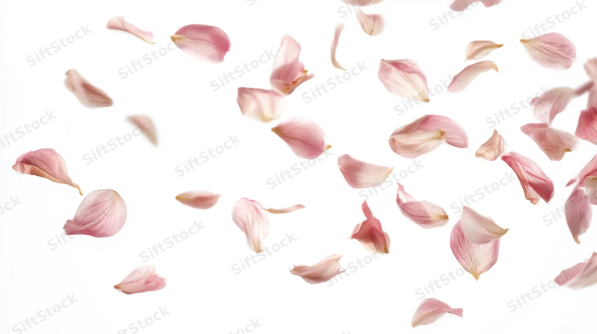 Rose petals floating against a white background