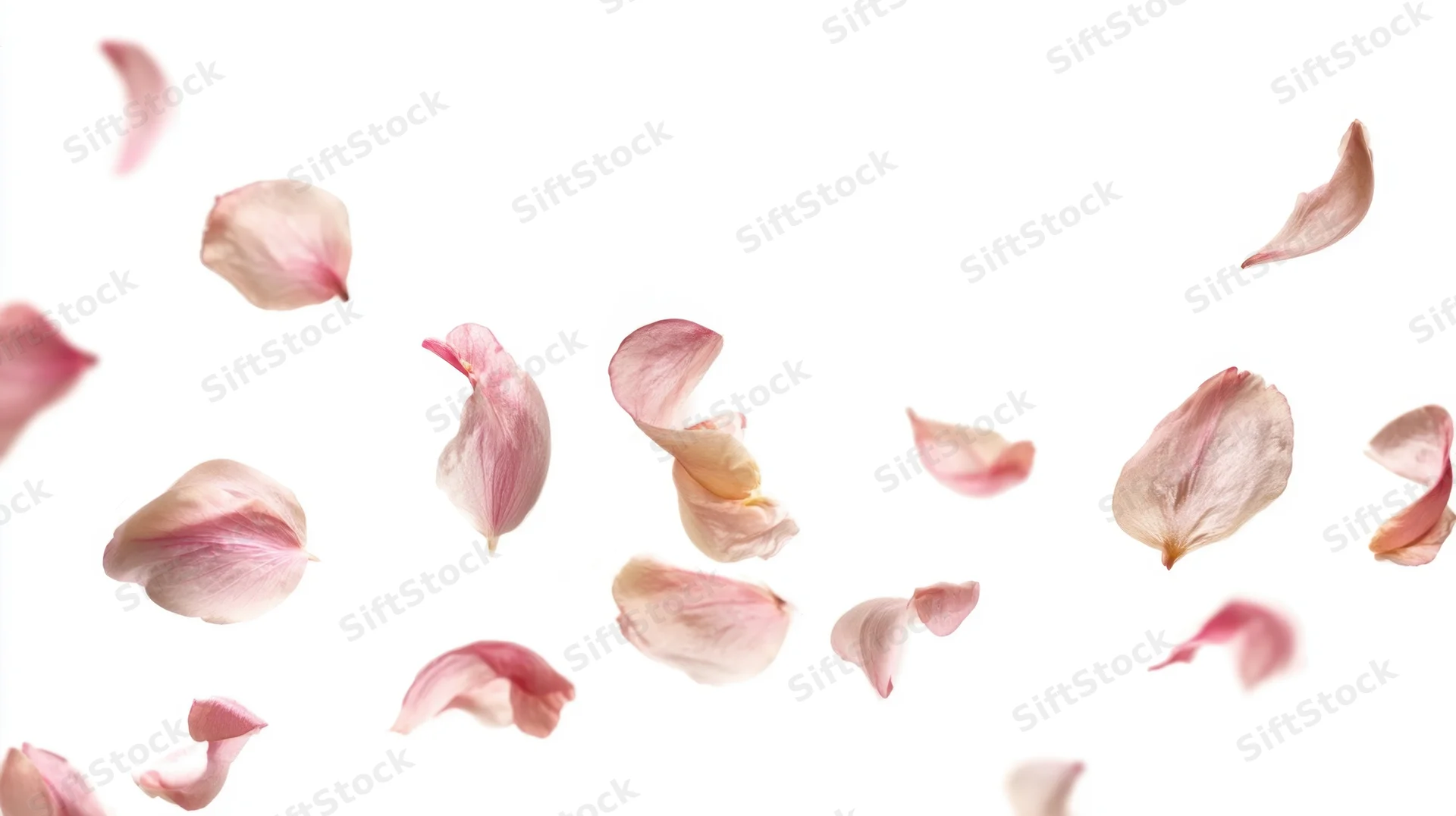 Floating pink rose petals against a white background