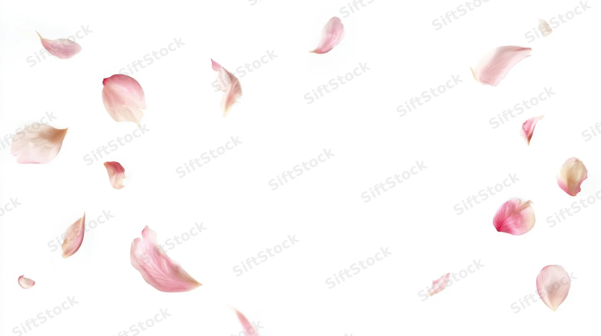 Rose petals floating in midair against a white background with copyspace