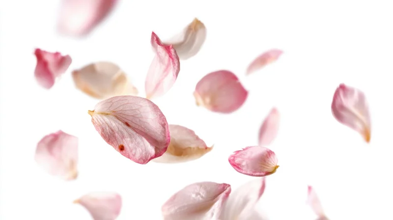 Pink flower petals floating in midair against a white background